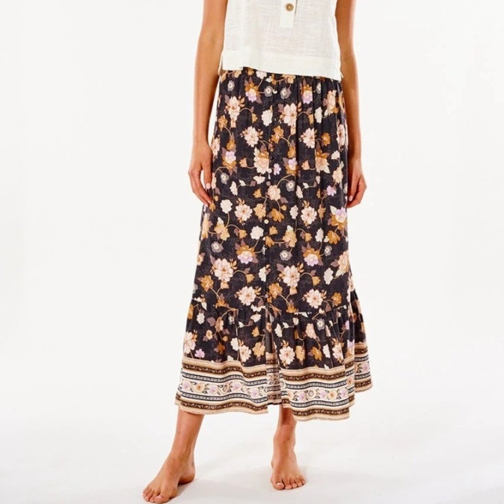 Rip‎ Curl Maxi Skirt Womens Size S Black Floral Boho Button Front